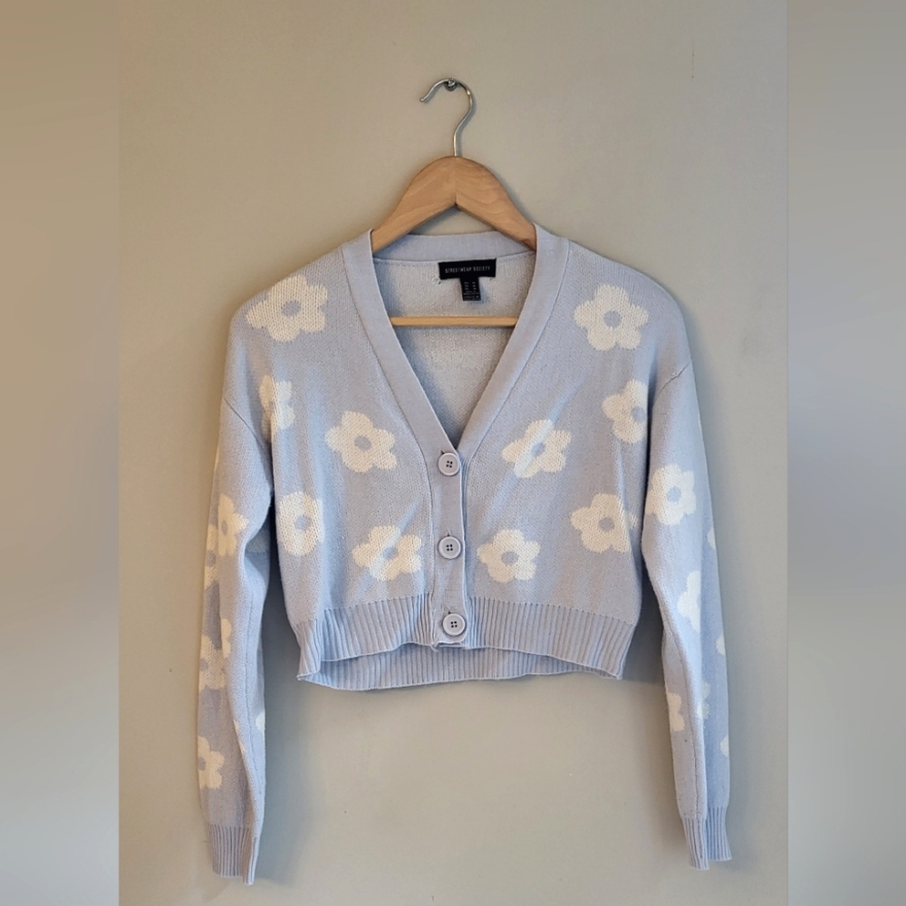 Blue and White Daisy Cropped Cardigan Medium